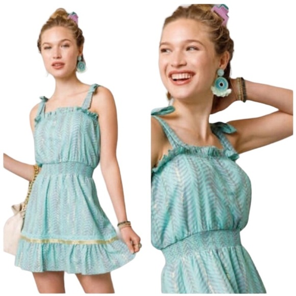 Blue Rain Dresses & Skirts - Francesca’s Layla Lurex Mini Dress mint and gold shoulder ties size small